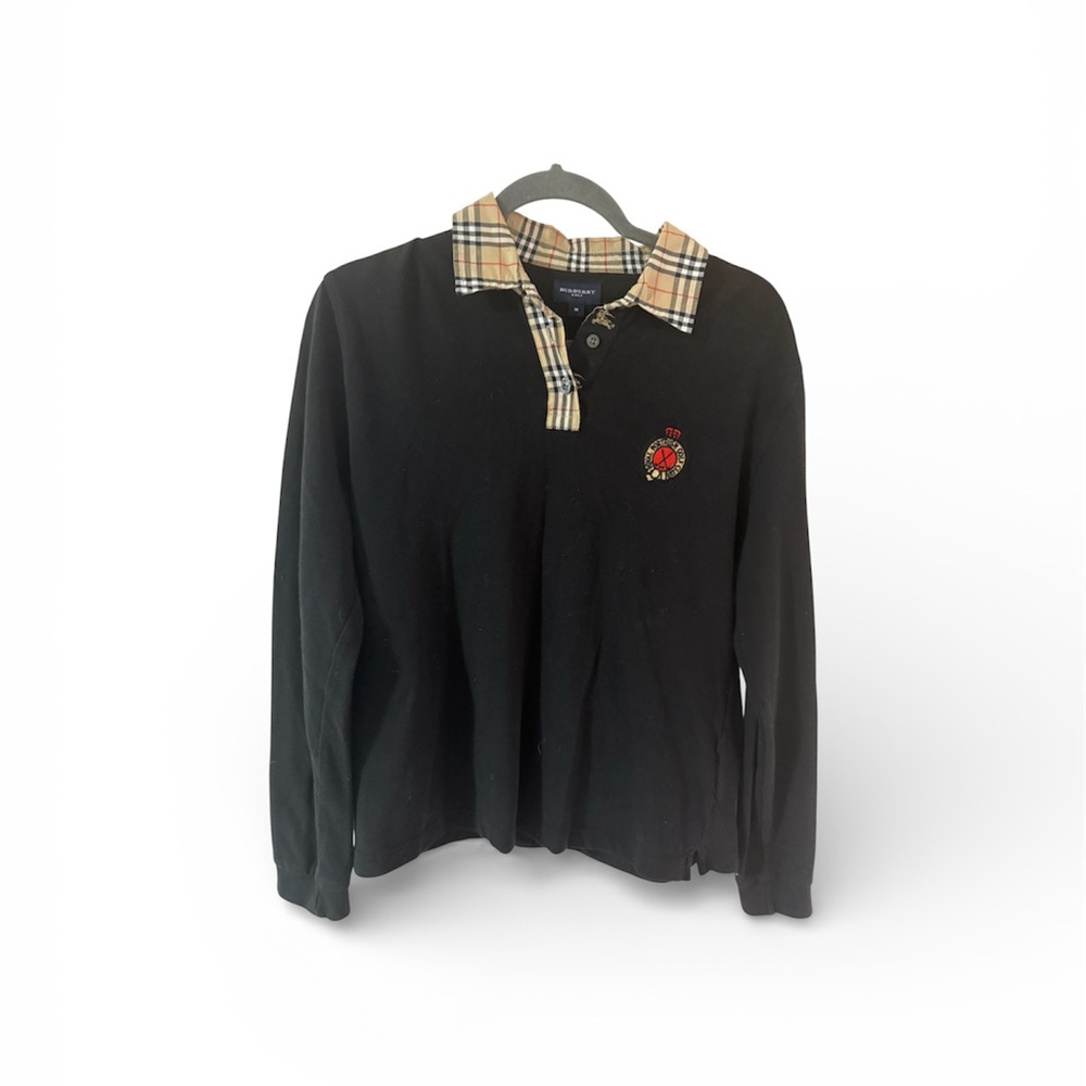 Burberry Black Long-Sleeve Polo with Signature Beige Check Collar